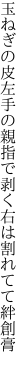 玉ねぎの皮左手の親指で 剥く右は割れてて絆創膏