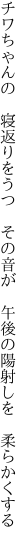 チワちゃんの　寝返りをうつ　その音が　 午後の陽射しを　柔らかくする