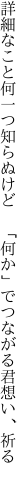 詳細なこと何一つ知らぬけど  「何か」でつながる君想い、祈る