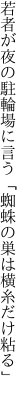 若者が夜の駐輪場に言う 「蜘蛛の巣は横糸だけ粘る」