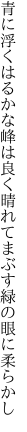 青に浮くはるかな峰は良く晴れて まぶす緑の眼に柔らかし