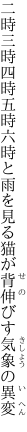 二時三時四時五時六時と雨を見る 猫が背伸びす気象の異変