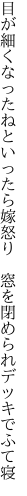 目が細くなったねといったら嫁怒り 　窓を閉められデッキでふて寝