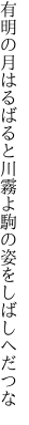 有明の月はるばると川霧よ 駒の姿をしばしへだつな