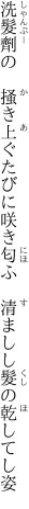 洗髮劑の　掻き上ぐたびに咲き匂ふ 　清ましし髮の乾してし姿