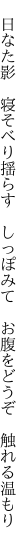 　日なた影　寝そべり揺らす　しっぽみて 　お腹をどうぞ　触れる温もり