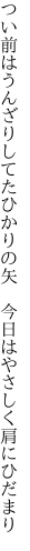 つい前はうんざりしてたひかりの矢　 今日はやさしく肩にひだまり