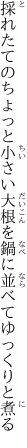 採れたてのちょっと小さい大根を 鍋に並べてゆっくりと煮る