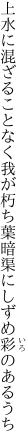 上水に混ざることなく我が朽ち葉 暗渠にしずめ彩のあるうち