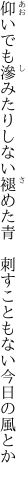 仰いでも滲みたりしない褪めた青　 刺すこともない今日の風とか