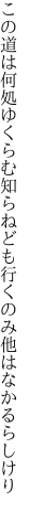 この道は何処ゆくらむ知らねども 行くのみ他はなかるらしけり
