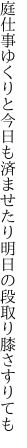 庭仕事ゆくりと今日も済ませたり 明日の段取り膝さすりても