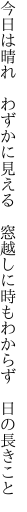 今日は晴れ　わずかに見える　窓越しに 時もわからず　日の長きこと