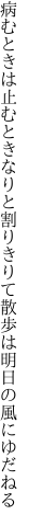 病むときは止むときなりと割りきりて 散歩は明日の風にゆだねる