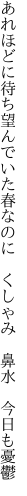 あれほどに待ち望んでいた春なのに　 くしゃみ　鼻水　今日も憂鬱