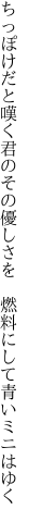 ちっぽけだと嘆く君のその優しさを 　燃料にして青いミニはゆく