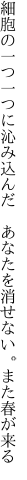 細胞の一つ一つに沁み込んだ 　あなたを消せない。また春が来る