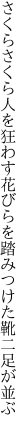 さくらさくら人を狂わす花びらを 踏みつけた靴二足が並ぶ