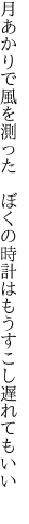 月あかりで風を測った　ぼくの時計は もうすこし遅れてもいい 