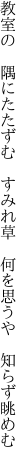 教室の　隅にたたずむ　すみれ草 　何を思うや　知らず眺めむ