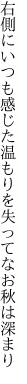 右側にいつも感じた温もりを 失ってなお秋は深まり