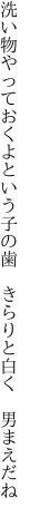 洗い物やっておくよという子の歯  きらりと白く 男まえだね