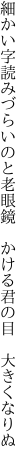 細かい字読みづらいのと老眼鏡  かける君の目 大きくなりぬ