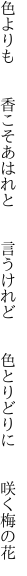 色よりも  香こそあはれと  言うけれど   色とりどりに  咲く梅の花