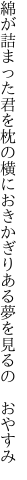 綿が詰まった君を枕の横におき かぎりある夢を見るの おやすみ
