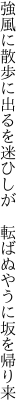 強風に散歩に出るを迷ひしが 　転ばぬやうに坂を帰り来